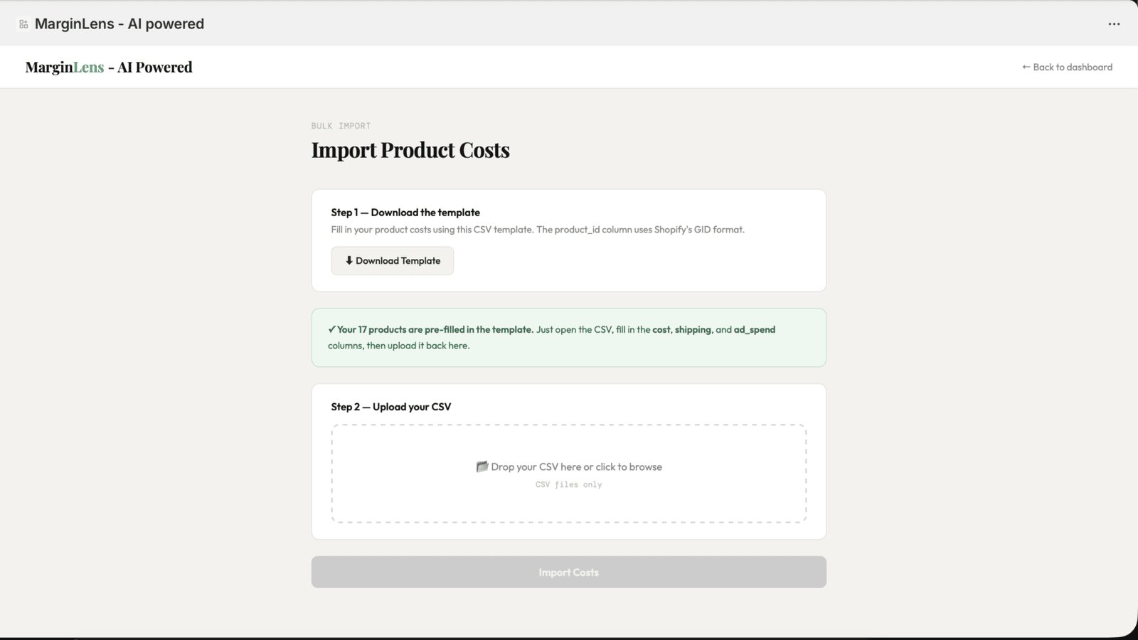 Bulk CSV cost import