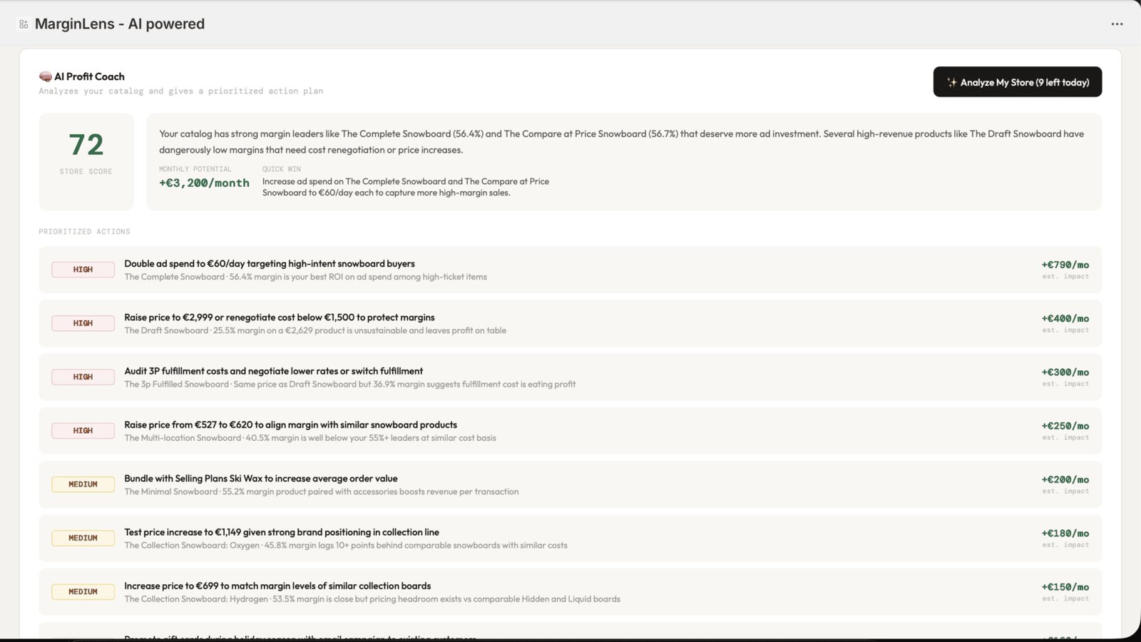 Product margin table with health status